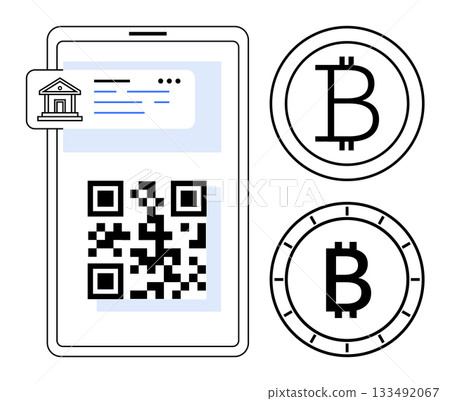 Smartphone displaying a QR code with bank icon and two Bitcoin symbols. Ideal for financial transactions, cryptocurrency payments, digital banking, mobile wallets, online shopping, blockchain 133492067