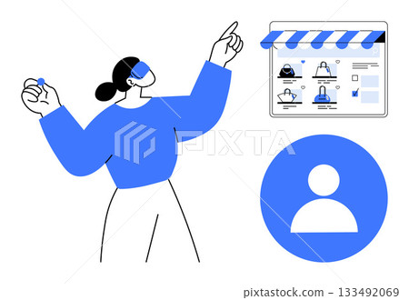 Woman using tablet to browse online shop, depicting interaction with digital storefront. Ideal for online shopping, digital marketing, e-commerce, consumer behavior, user experience, retail, mobile Woman using tablet to browse online shop, depicting interaction with digital storefront. Ideal for online shopping, digital marketing, e-commerce, consumer behavior, user experience, retail, mobile 133492069
