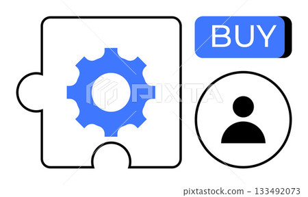 Cog-shaped piece in puzzle, user profile icon, blue buy button suggesting e-commerce. Ideal for online shopping, user interface design, tech development, customer management, simplicity in design Cog-shaped piece in puzzle, user profile icon, blue buy button suggesting e-commerce. Ideal for online shopping, user interface design, tech development, customer management, simplicity in design 133492073