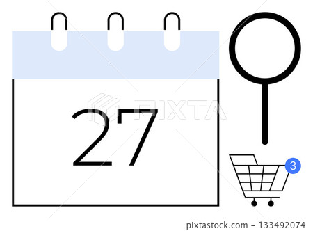 Calendar displaying the 27th, magnifying glass for search, shopping cart with notification badge. Ideal for e-commerce, shopping, search optimization, scheduling, business planning, retail 133492074