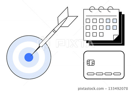 Dart hitting the center of a target, calendar, and credit card. Ideal for business goals, project planning, financial management, payment scheduling, marketing strategies, deadline tracking 133492078