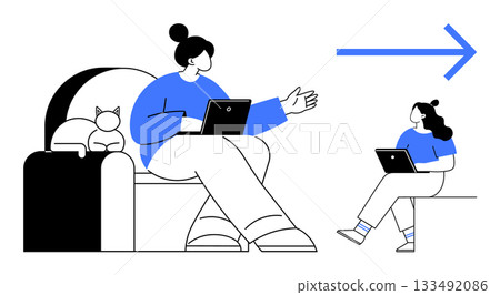 Two people with laptops engaging in remote communication. One is on couch with a cat, other on chair. Blue right arrow signifies direction of conversation. Ideal for remote work, telecommunication Two people with laptops engaging in remote communication. One is on couch with a cat, other on chair. Blue right arrow signifies direction of conversation. Ideal for remote work, telecommunication 133492086