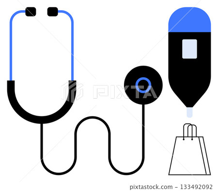 Stethoscope and glucometer beside a shopping bag, implying the intersection of healthcare and consumer goods. Ideal for medical, shopping, health management, diabetes awareness, e-commerce, retail 133492092