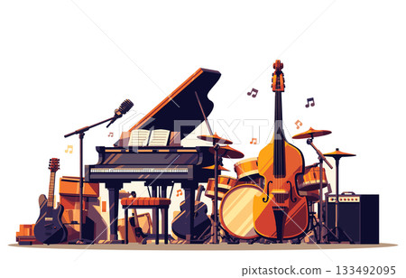 A set of musical instruments standing in a pile, a piano, a double bass, a stand with a microphone, an amplifier, guitars and drums, vector illustration A set of musical instruments standing in a pile, a piano, a double bass, a stand with a microphone, an amplifier, guitars and drums, vector illustration 133492095