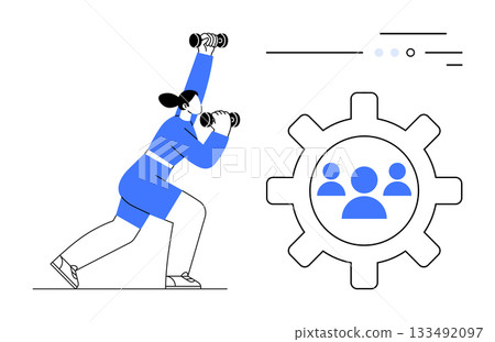Woman lifting dumbbells in workout attire next to a large gear icon with a group avatar inside. Ideal for fitness, teamwork, self-improvement, motivation, health goals, productivity, collaboration 133492097