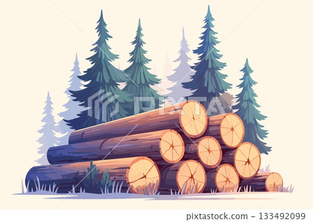 A pile of logs in a spruce forest in winter, felled trees, forest landscape, pieces of wood. Construction and sawmill vector illustration 133492099