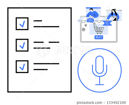 Checklist with checkmarks, shopping cart with transactions, and microphone icon for voice commands. Ideal for productivity apps, e-commerce, digital assistants, task management, online shopping 133492100