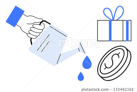 Hand pouring water from a watering can with three drops, indicating nurturing growth. Accompanied by a wrapped gift box and a coin with a dollar sign. Ideal for business, investment, finance 133492102