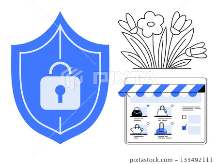 Blue shield with lock symbol, e-commerce site with product thumbnails, and flower sketch. Ideal for online security, e-commerce, shopping, cybersecurity, digital products, internet safety retail 133492111