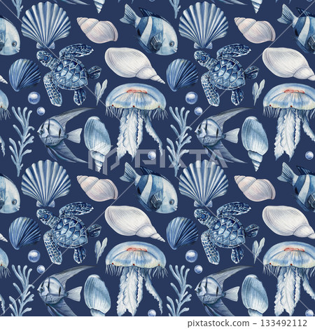 Blue sea turtle jellyfish seashell watercolor marine seamless pattern with coral ocean fish dark background coastal summer design Blue sea turtle jellyfish seashell watercolor marine seamless pattern with coral ocean fish dark background coastal summer design 133492112