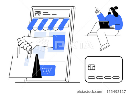 Smartphone store screen with buying hand and shopping bags, woman using laptop, and credit card. Ideal for e-commerce, digital shopping, online payment, delivery services, consumer behavior, fintech 133492117