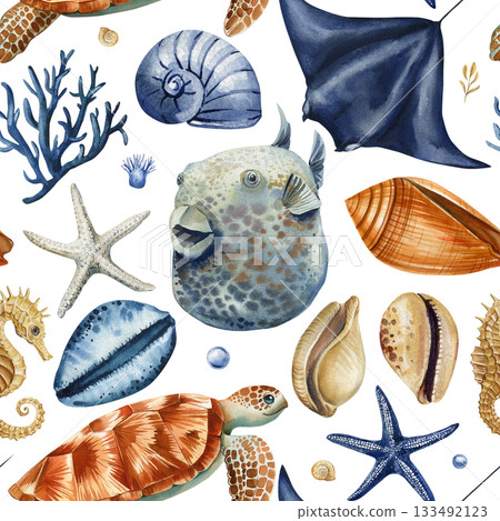 Ocean fish turtle stingray seashell watercolor marine pattern with coral and tropical sea elements for summer coastal design 133492123