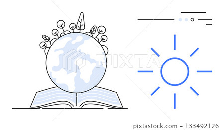 Open book with a globe adorned with plants, symbolizing global knowledge and environmental awareness. Beside, a sun icon representing energy and enlightenment. Ideal for education, sustainability 133492126