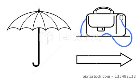 Umbrella symbolizing protection, briefcase representing professionalism, and arrow indicating direction or progress. Ideal for business, travel, protection, direction, planning, organization 133492138