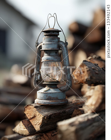 A vintage kerosene lantern hangs, casting a warm, glowing light on a meticulously stacked pile of chopped firewood at dusk, evoking a cozy, rustic atmosphere. 133492143