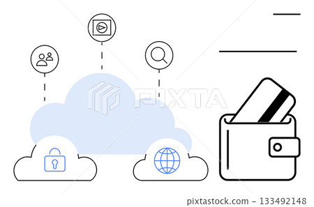 Icons of cloud storage, digital wallet with a credit card, security lock, users, globe, and search magnifier. Ideal for cloud computing, data security, online transactions financial management Icons of cloud storage, digital wallet with a credit card, security lock, users, globe, and search magnifier. Ideal for cloud computing, data security, online transactions financial management 133492148