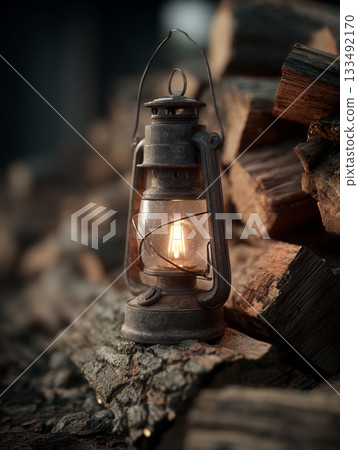 A vintage kerosene lantern hangs, casting a warm, glowing light on a meticulously stacked pile of chopped firewood at dusk, evoking a cozy, rustic atmosphere. 133492170