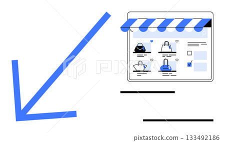 Digital storefront with blue awning, tablet display of handbag products with wishlist hearts, cart icon. Ideal for online shopping, e-commerce, digital marketing, fashion retail, UIUX design, product Digital storefront with blue awning, tablet display of handbag products with wishlist hearts, cart icon. Ideal for online shopping, e-commerce, digital marketing, fashion retail, UIUX design, product 133492186