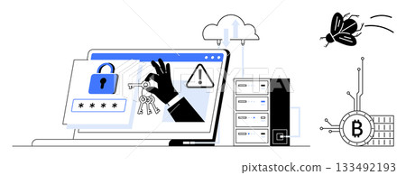 Laptop with padlock icon, password field, alert symbol, hand holding keys, servers, bug, cryptocurrency symbol. Ideal for cybersecurity password management, threat detection, blockchain, online 133492193