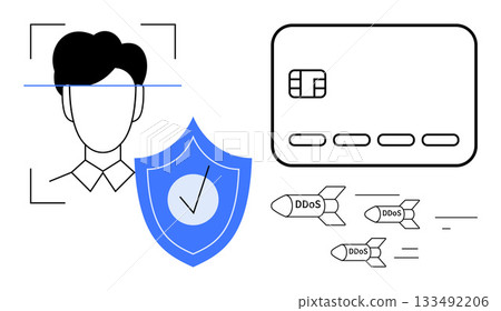 Facial recognition, shield with check mark, credit card, DDoS attacks. Ideal for cybersecurity, fraud prevention, identity verification, data protection, financial security online privacy digital 133492206