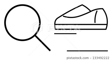 Magnifying glass beside a shoe outline with stylized parallel lines. Ideal for exploration, discovery, searching, research, navigation, analysis, progress. Line metaphor Magnifying glass beside a shoe outline with stylized parallel lines. Ideal for exploration, discovery, searching, research, navigation, analysis, progress. Line metaphor 133492222