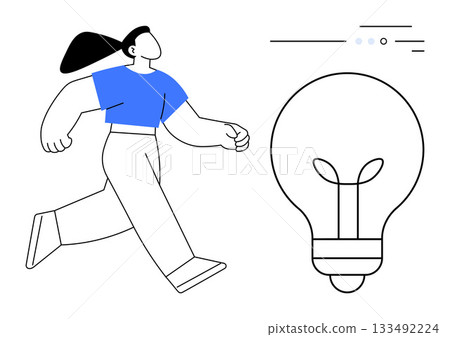 Person in a blue shirt striding towards a large light bulb icon. Ideal for creativity, innovation, inspiration, motivation, startup culture, brainstorming, personal growth. Line metaphor Person in a blue shirt striding towards a large light bulb icon. Ideal for creativity, innovation, inspiration, motivation, startup culture, brainstorming, personal growth. Line metaphor 133492224