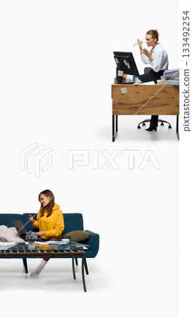 Frustrated office worker versus relaxed remote worker showing emotional contrast 133492254
