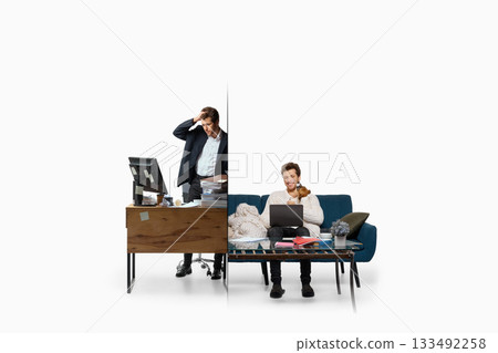 Confused office worker contrasted with cheerful remote worker with dog creating emotional duality 133492258