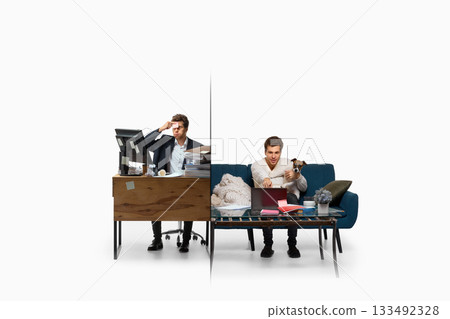 Overloaded office tasks versus joyful remote work with pet creating emotional contrast. Digital artwork 133492328