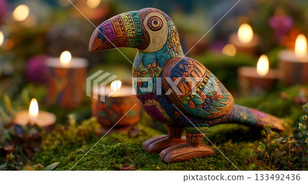An intricately carved and painted wooden toucan figurine, adorned with colorful tribal patterns, rests on vibrant moss surrounded by glowing candles in a lush, dark setting. 133492436