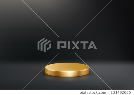Gold podium for awards or product display vector illustration. Empty 3d golden stage on black background. Luxury elegant platform for cosmetics presentation, ceremony pedestal for winners Gold podium for awards or product display vector illustration. Empty 3d golden stage on black background. Luxury elegant platform for cosmetics presentation, ceremony pedestal for winners 133492660