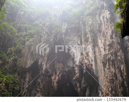 Misty Cave Interior with Towering Rock Formations and Lush Greenery Surroundings 133492679