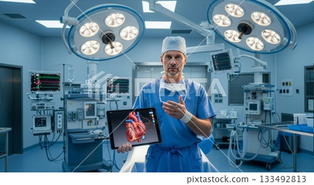 Surgeon Holding Tablet Displaying a 3D Heart Model in OR 133492813