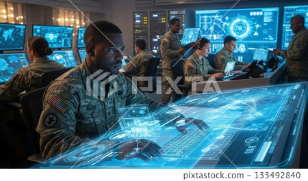 Military Personnel Operating Advanced Holographic Interfaces in a Control Room 133492840