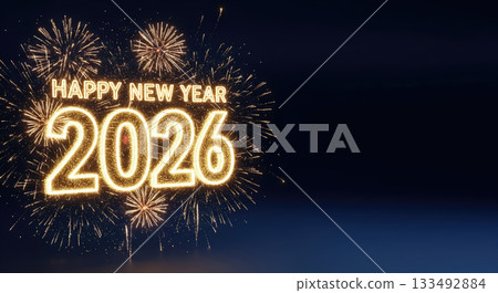 Happy New Year 2026 Celebration Banner With Golden Sparkler Text Fireworks And Copy Space On Dark Blue Background 133492884