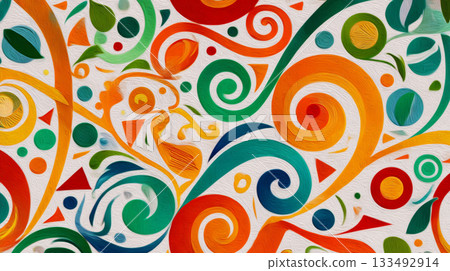 An abstract, painterly pattern of large, interlocking, colorful swirls and curves in bright blue, green, orange, and red. An abstract, painterly pattern of large, interlocking, colorful swirls and curves in bright blue, green, orange, and red. 133492914