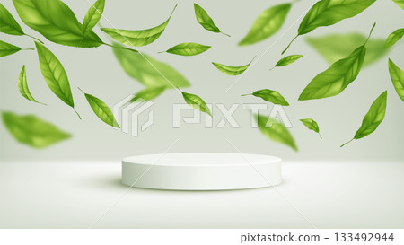 Floating Green Leaves Over A White Podium In A Fresh Nature Scene, A Modern Display vector illustration background Floating Green Leaves Over A White Podium In A Fresh Nature Scene, A Modern Display vector illustration background 133492944