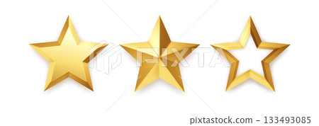 Three Gold Stars On White Background In Modern Shiny Gold Tone Style Isolated Design 133493085