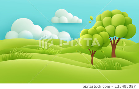 Bright Vector Landscape With Green Hills Trees And Cloudy Sky Scene Bright Vector Landscape With Green Hills Trees And Cloudy Sky Scene 133493087