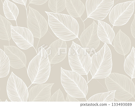 Soft beige backdrop with white outlined leaves Calm natural pattern suitable for decor and design projects vector illustration background Soft beige backdrop with white outlined leaves Calm natural pattern suitable for decor and design projects vector illustration background 133493089