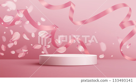 Vector Illustration Pink Petals Ribbon Background Podium Display Vector Illustration Pink Petals Ribbon Background Podium Display 133493141