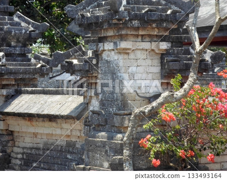 A Monkey Perched on a Branch Near a Traditional Stone Temple Wall with Vibrant Flowers Nearby 133493164
