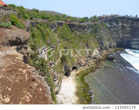 A Cliffside Coastal Pathway Overlooking a Beach with Waves Crashing Against Rocks and Lush Greenery 133493174