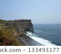 A Cliffside Shoreline with Waves Crashing Against Rocks and Greenery on the Cliff Under a Clear Sky 133493177