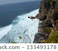 Waves Crashing Against a Cliffside with Rocky Shores and Greenery Under a Clear Sky 133493178