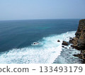 A Panoramic View of Ocean Waves Crashing Against a Cliffside with Rocky Shores Under a Clear Sky 133493179