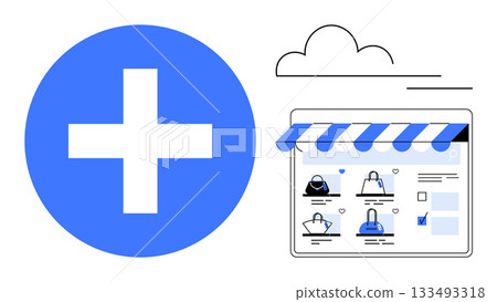 Tablet screen showing online storefront with shopping cart icon and product images beside large plus sign. Ideal for e-commerce, digital marketing, online shopping, web development, retail business Tablet screen showing online storefront with shopping cart icon and product images beside large plus sign. Ideal for e-commerce, digital marketing, online shopping, web development, retail business 133493318