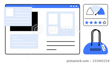 E-commerce website layout with shopping cart, product review, rating meter, and blue handbag. Ideal for online shopping, product reviews, user ratings, digital marketplace, retail customer feedback 133493319