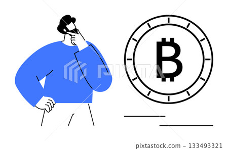 Man with hand on chin and thoughtful expression standing beside large Bitcoin symbol. Ideal for finance, investment, cryptocurrency, blockchain, financial planning, technology, and future trends 133493321