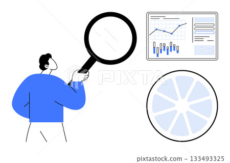 Person with magnifying glass examining data on screen. Chart with growth metrics and segmented circle diagram. Ideal for business analysis, data analytics, financial growth, research, market trends 133493325